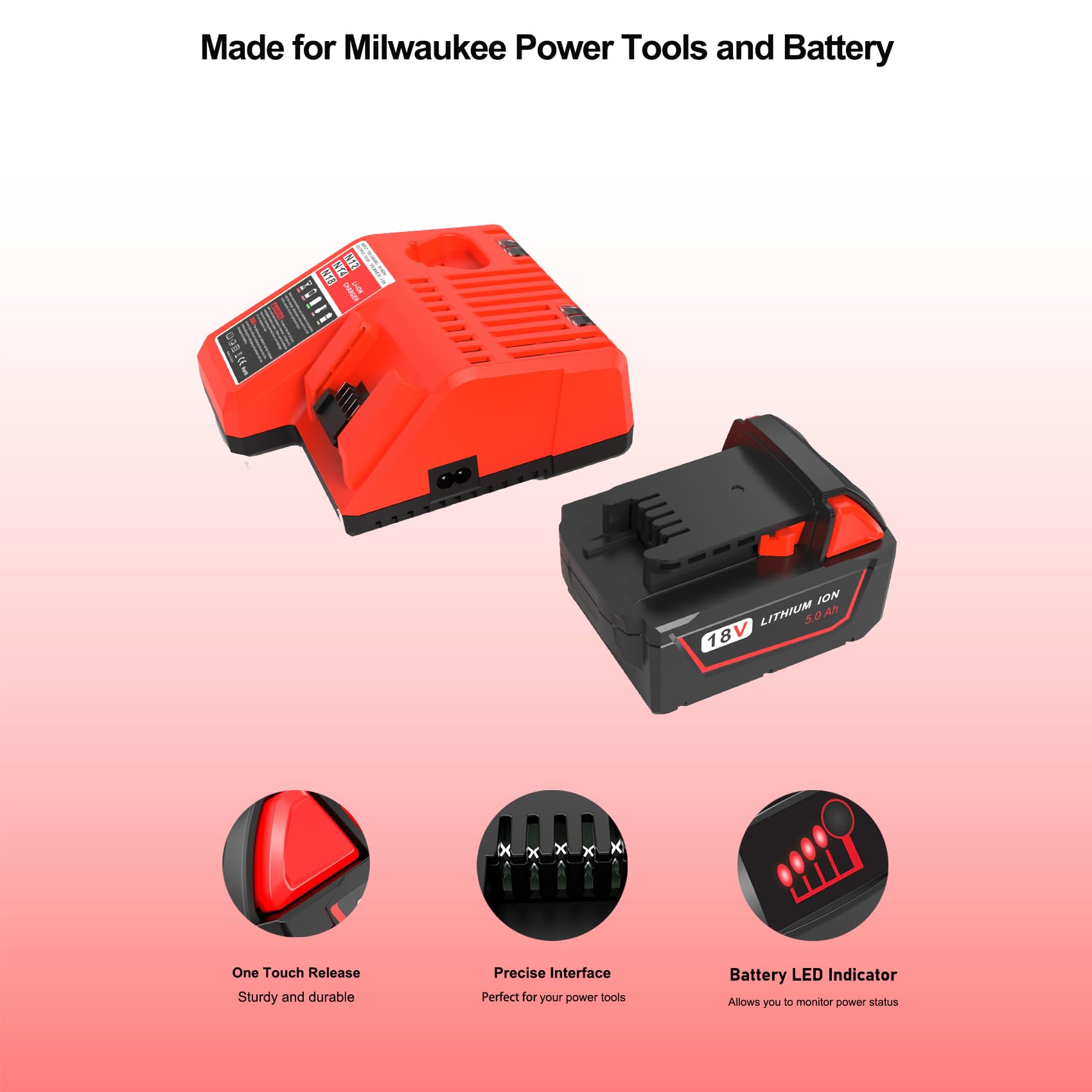 5.0Ah 18V Battery Replacement for Milwaukee M18 18V Battery and Charger Combo,Compatible with Milwaukee M18 Cordless Power Tool 48-11-1850 48-11-1860 and 48-59-1812 Charger