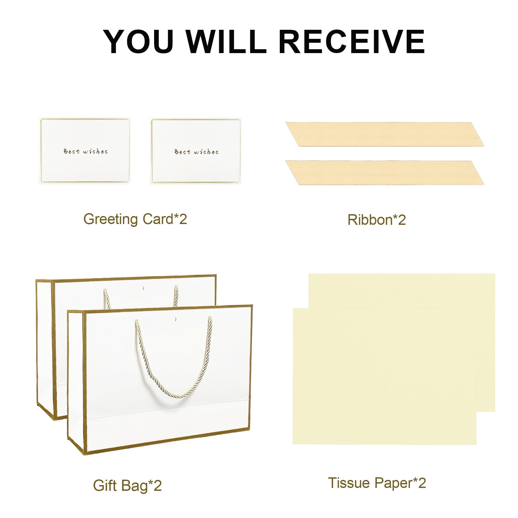 Gfractolux Gift Bags Medium, 2 Pack Gift Bags with Tissue Paper and Cards, Gift Bags with Handles for Birthdays, Baby Shower, weddings, Party Favor, Holiday Presents 11"X7.9"X3.9" (White and Gold)