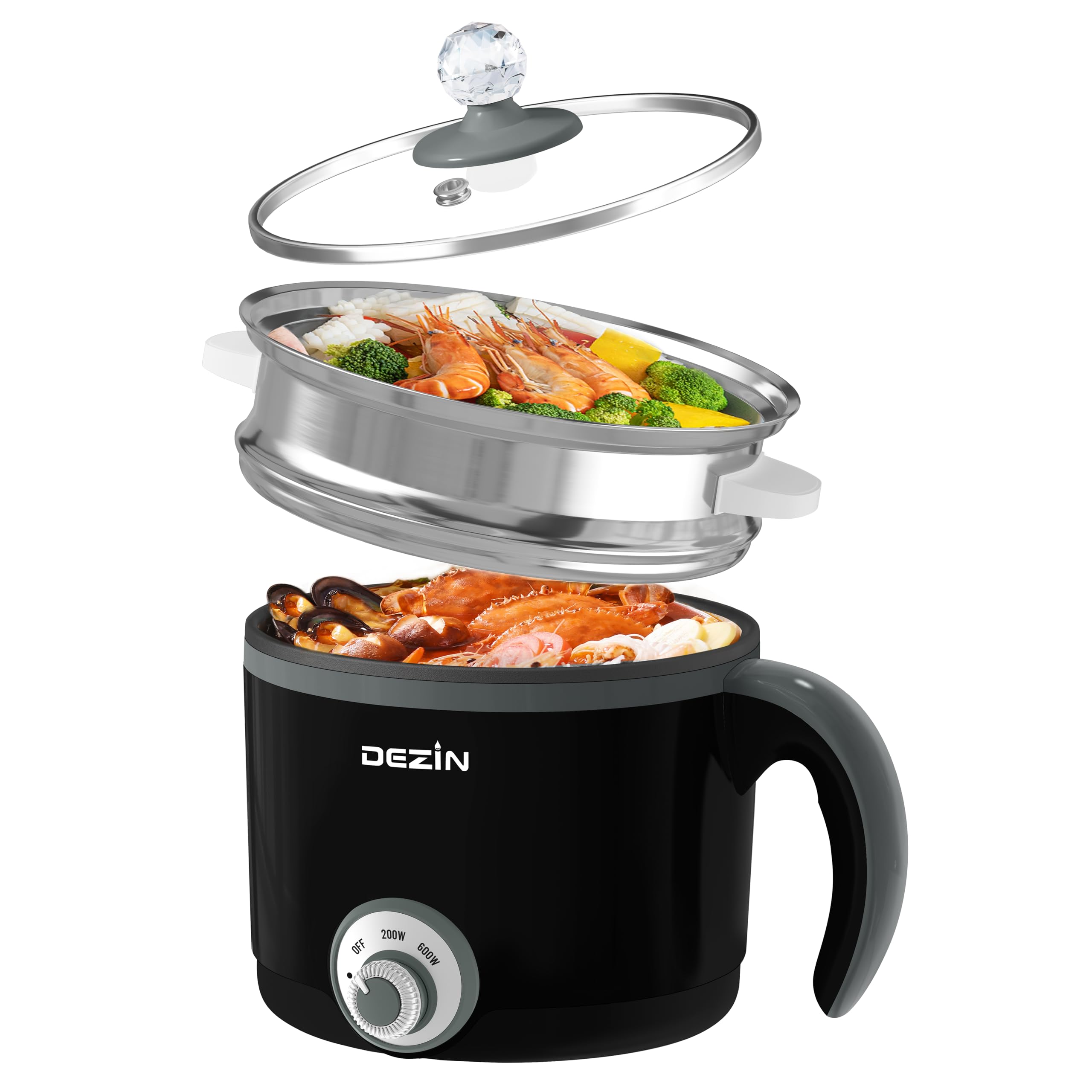 Dezin Hot Pot Electric with Steamer, 1.5L Rapid Noodles Cooker, Non-Stick Electric Pot Perfect for Ramen, Egg, Pasta, Dumplings, Soup, Porridge, Oatmeal, Portable Cooking Pot with Power Adjustment