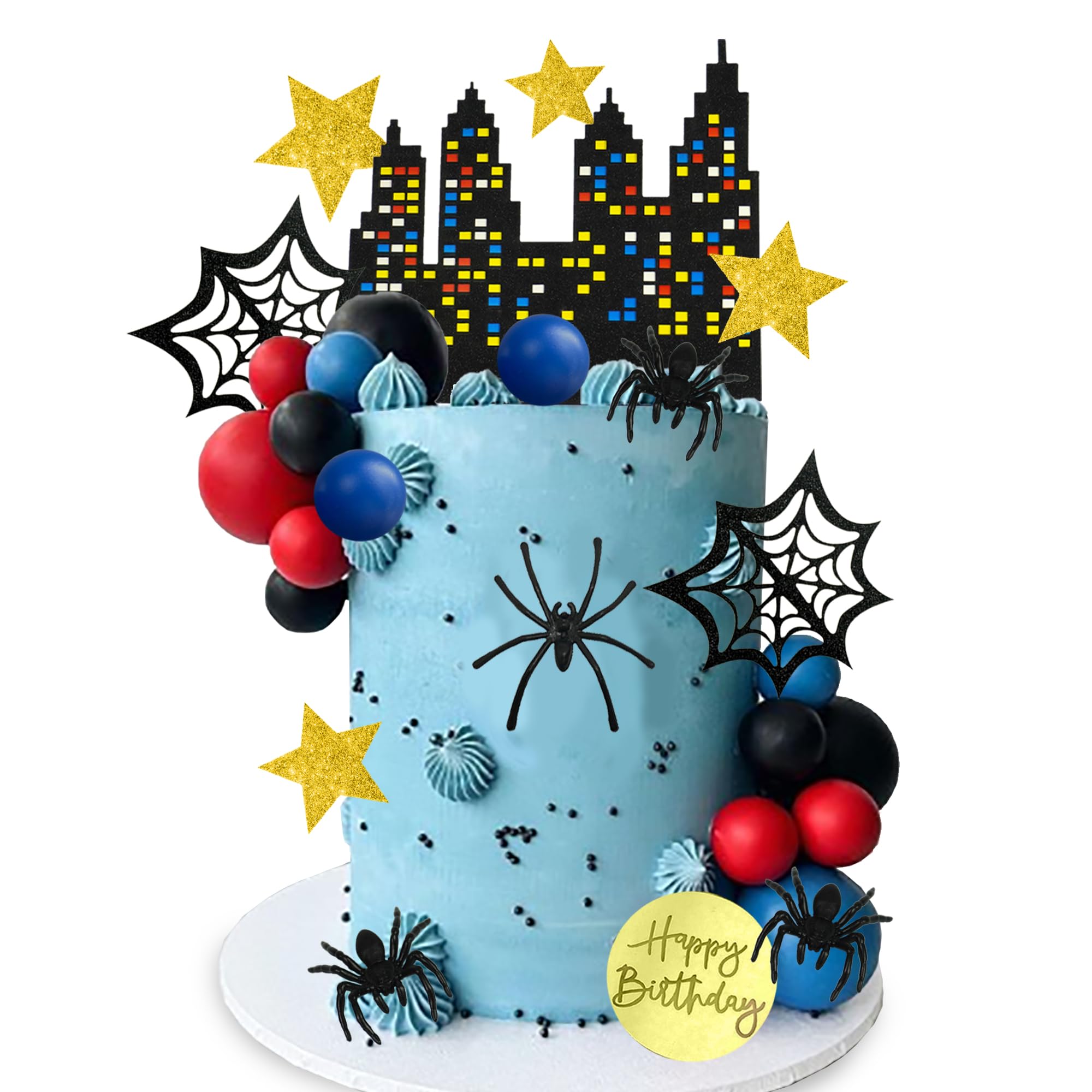 DRWATE Spider Cake Topper with Black Red and Blue Balls Spiders Webs Stars City for Boys Men Birthday Party Baby Shower Supplies (City)