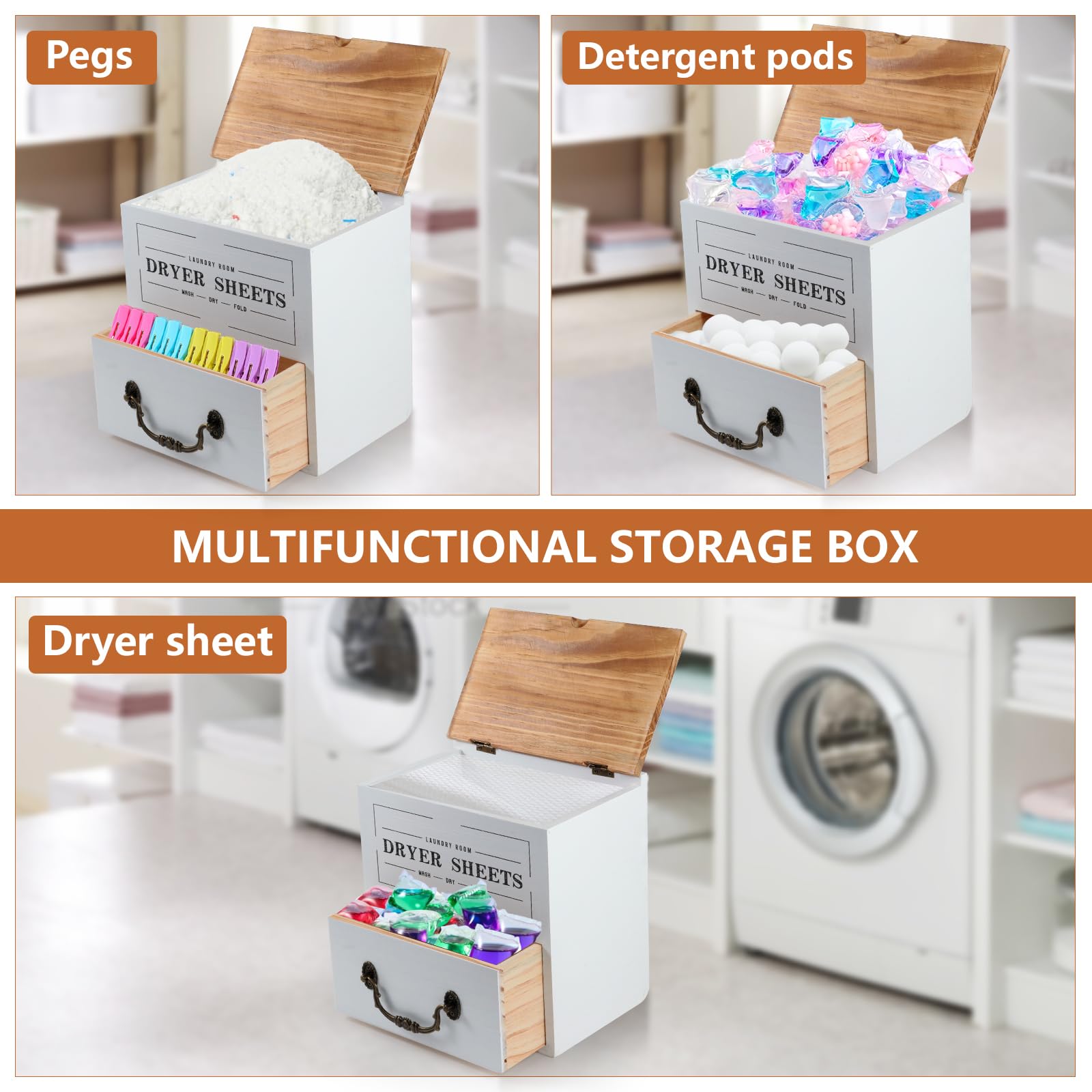 CXCVENY Dryer Sheet Container for Laundry Room Organization, Dryer Sheet Holder with Drawer and Lid, Wood Dryer Sheet Dispenser Container for Dryer Sheets, Laundry Pods, Dryer Balls