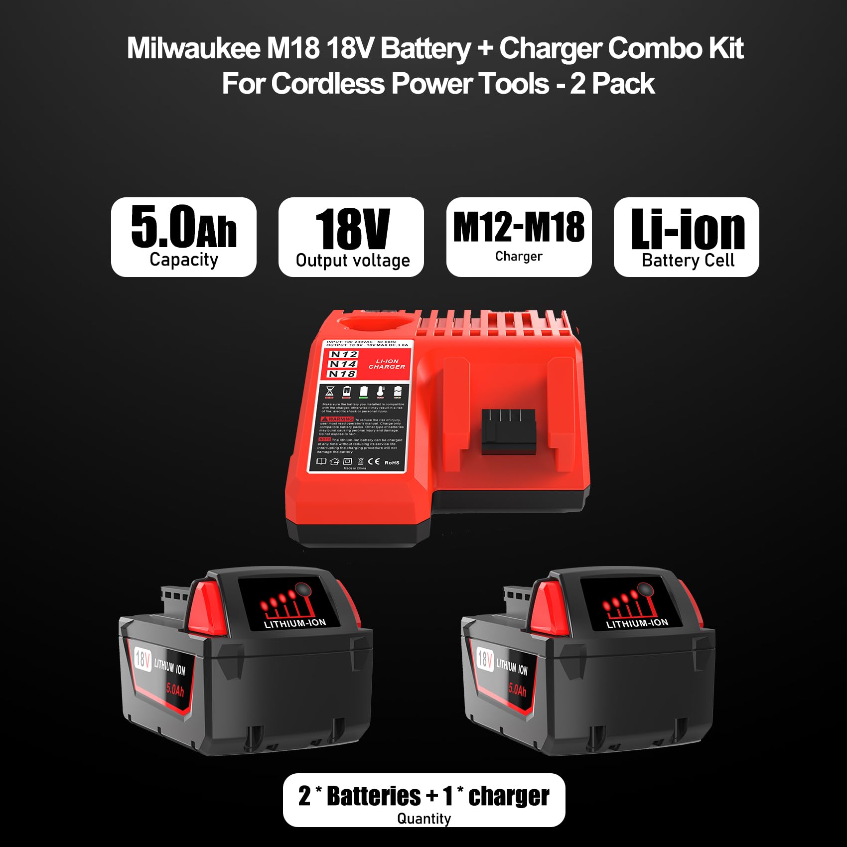 2 Pack 5.0Ah Replacement for Milwaukee M18 Lithium ion Battery 48-11-1850 and Charger Combo, Compatible with Milwaukee M18 Cordless Power Tools 18V Lithium Battery, and Milwaukee 18V Battery Charger