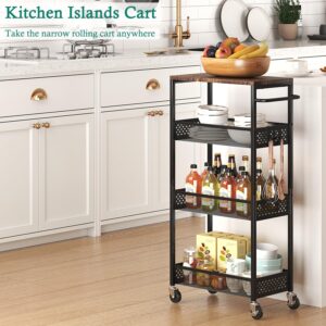 XYZLVSI Slim Storage Cart 4 Tier Fruit and Vegetable Baskets for Kitchen Small Space, Narrow Rolling Cart on Wheels with Wooden Top and Metal Handle for Pantry, Bathroom, Laundry Room