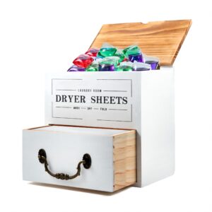 cxcveny dryer sheet container for laundry room organization, dryer sheet holder with drawer and lid, wood dryer sheet dispenser container for dryer sheets, laundry pods, dryer balls