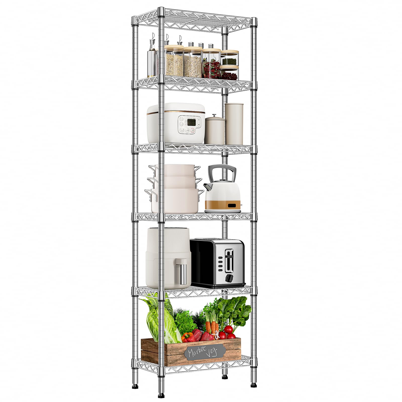 MZG 6 Tier Storage Rack Metal Wire Shelving Unit, Storage Standing Household Shelf Organizer for Laundry Bathroom Kitchen Pantry Closet Garage Basement Utility Room, Chrome 11.8" D x 21.7" W x 70.4" H