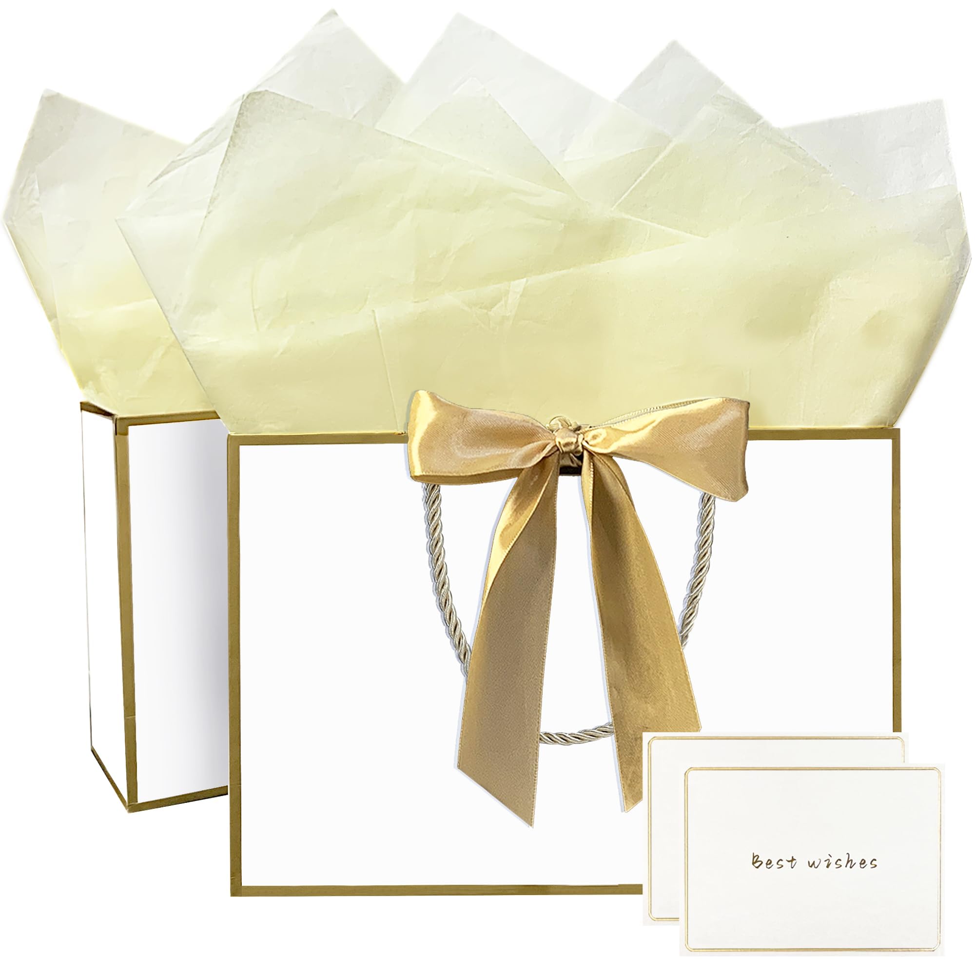 Gfractolux Gift Bags Medium, 2 Pack Gift Bags with Tissue Paper and Cards, Gift Bags with Handles for Birthdays, Baby Shower, weddings, Party Favor, Holiday Presents 11"X7.9"X3.9" (White and Gold)