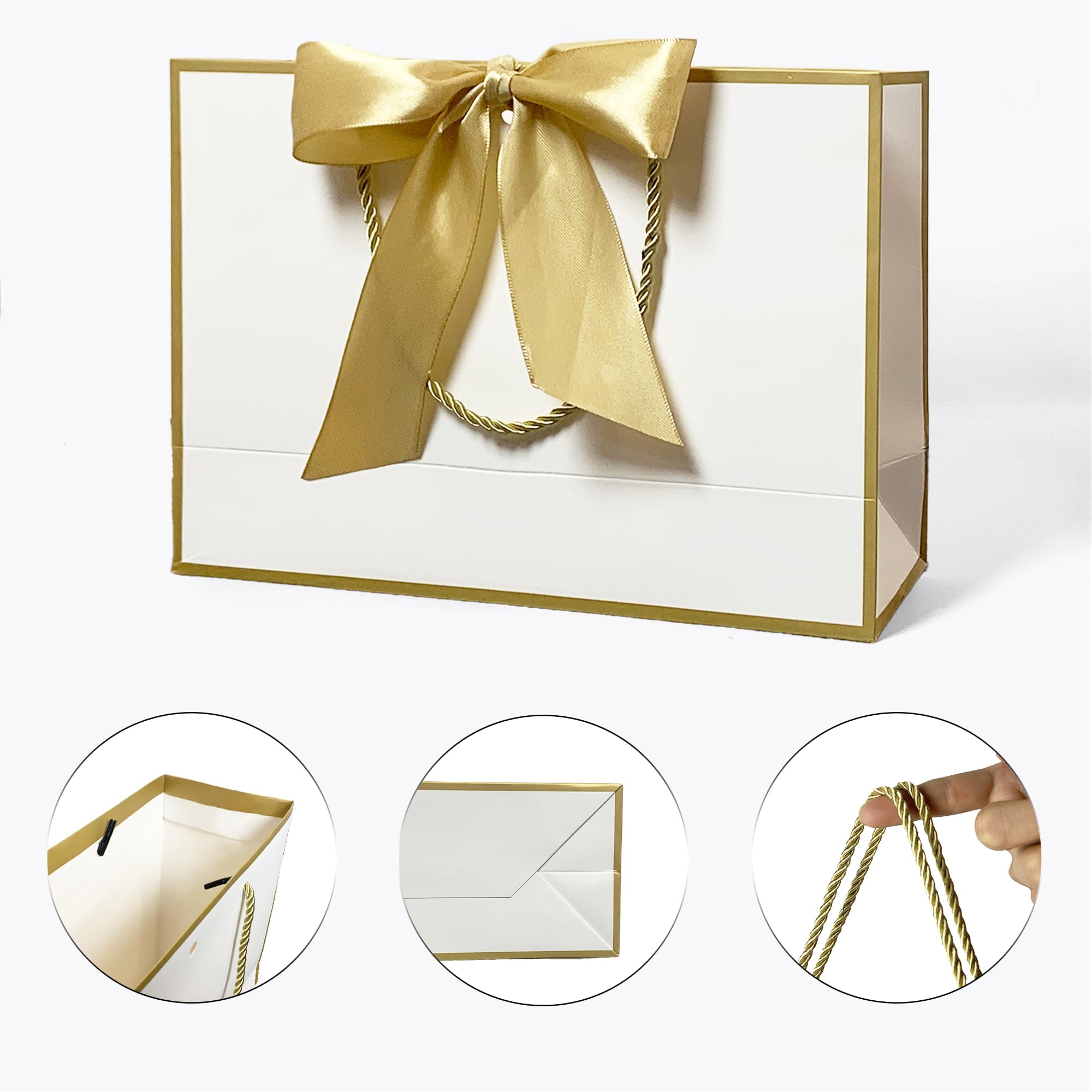 Gfractolux Gift Bags Medium, 2 Pack Gift Bags with Tissue Paper and Cards, Gift Bags with Handles for Birthdays, Baby Shower, weddings, Party Favor, Holiday Presents 11"X7.9"X3.9" (White and Gold)