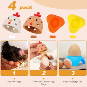 2PCS Egg Cleaner Scrubber Washer for Fresh Eggs & 2PCS Egg Cups, Easy Breakfast, Cute Chicken Egg Brush, Utensil Kitchen Decor Reusable for Breakfast Boiled Cooking Childhood Memories