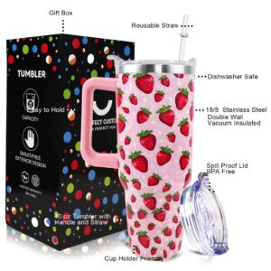 WENININOK Strawberry Cup 40 OZ Tumbler with Handle and Straw Lid Leak Proof - Strawberry Travel Coffee Mug with Handle Insulated for Hot Cold Ice - Birthday Gifts for Women Stainless Steel Cup