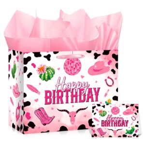 pink cowgirl birthday gift bag, large western happy birthday wrapping paper bags decorations with handles greeting card tissue paper y2k disco wrap bags for party favors decor girls women supplies