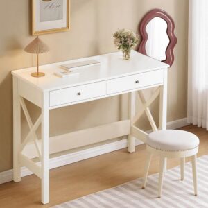 patiohit white writing desk with drawers for study home office 40 inch simple desks for bedroom modern makeup vanity console table with storage