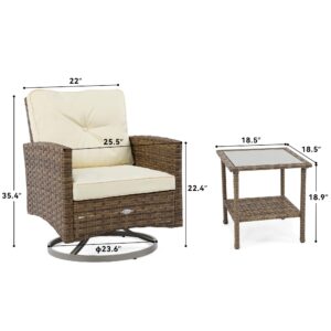 YITAHOME 3-Piece Patio Wicker Swivel Chairs, Outdoor Small Furniture Rocking Coversation Chairs w/Thick Cushions and Table for Garden, Backyard and Balcony (Tan Chairs + Off- White Cushions)