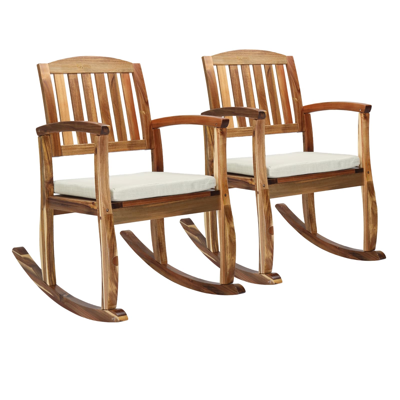 VINGLI Acacia Patio Rocking Chair with Cushions, Outdoor Wooden Rocker Support 400 LBS for Indoors & Outdoors, 2 Pack