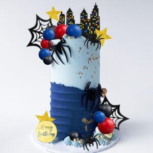 DRWATE Spider Cake Topper with Black Red and Blue Balls Spiders Webs Stars City for Boys Men Birthday Party Baby Shower Supplies (City)