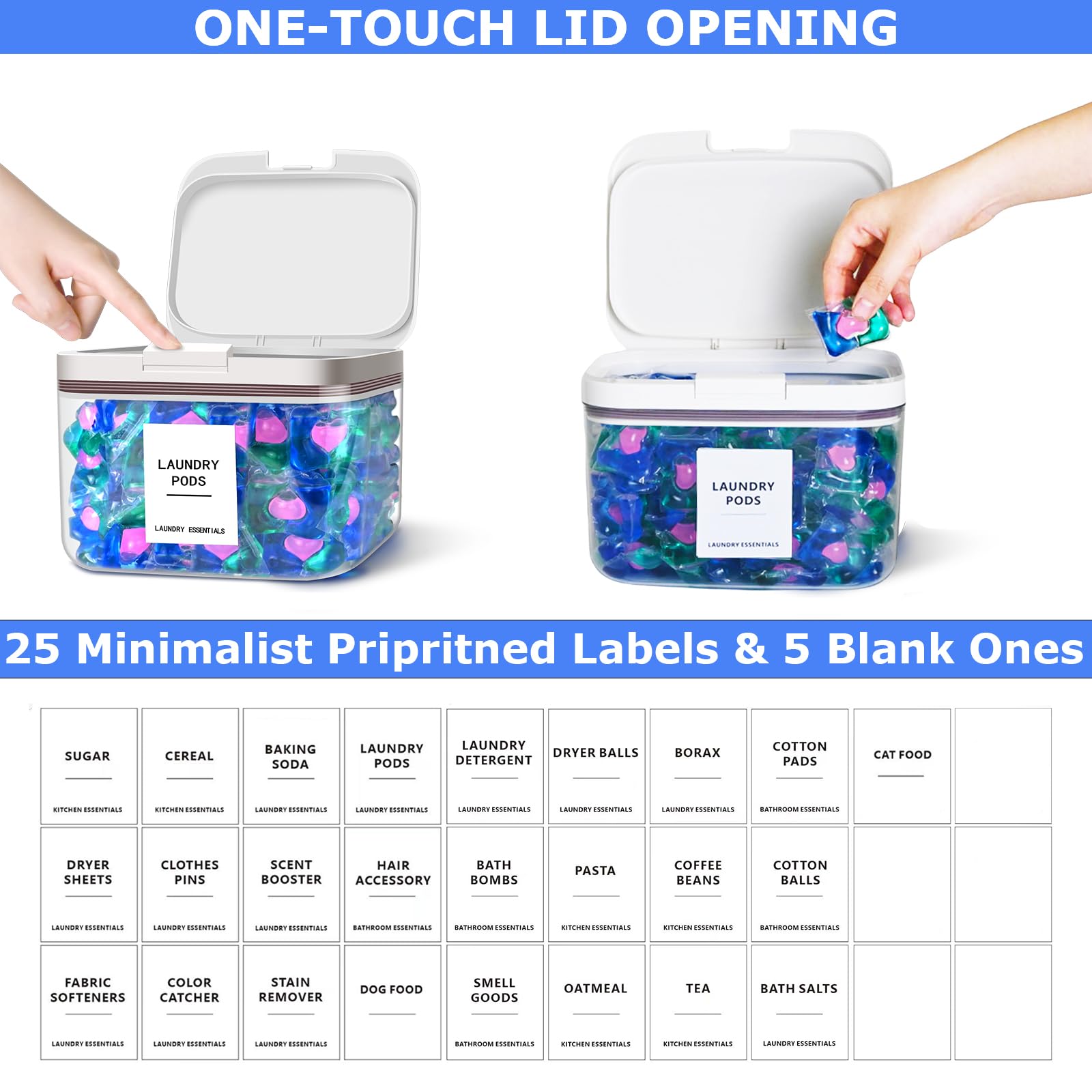 MUVEKA 94oz /2.8L Laundry Pods Container for Laundry Room Organization, Laundry Pod Up Holder with 30 Labels and scoop, Laundry Detergent Powder Container, Dryer Sheet Holder, 150 Pods