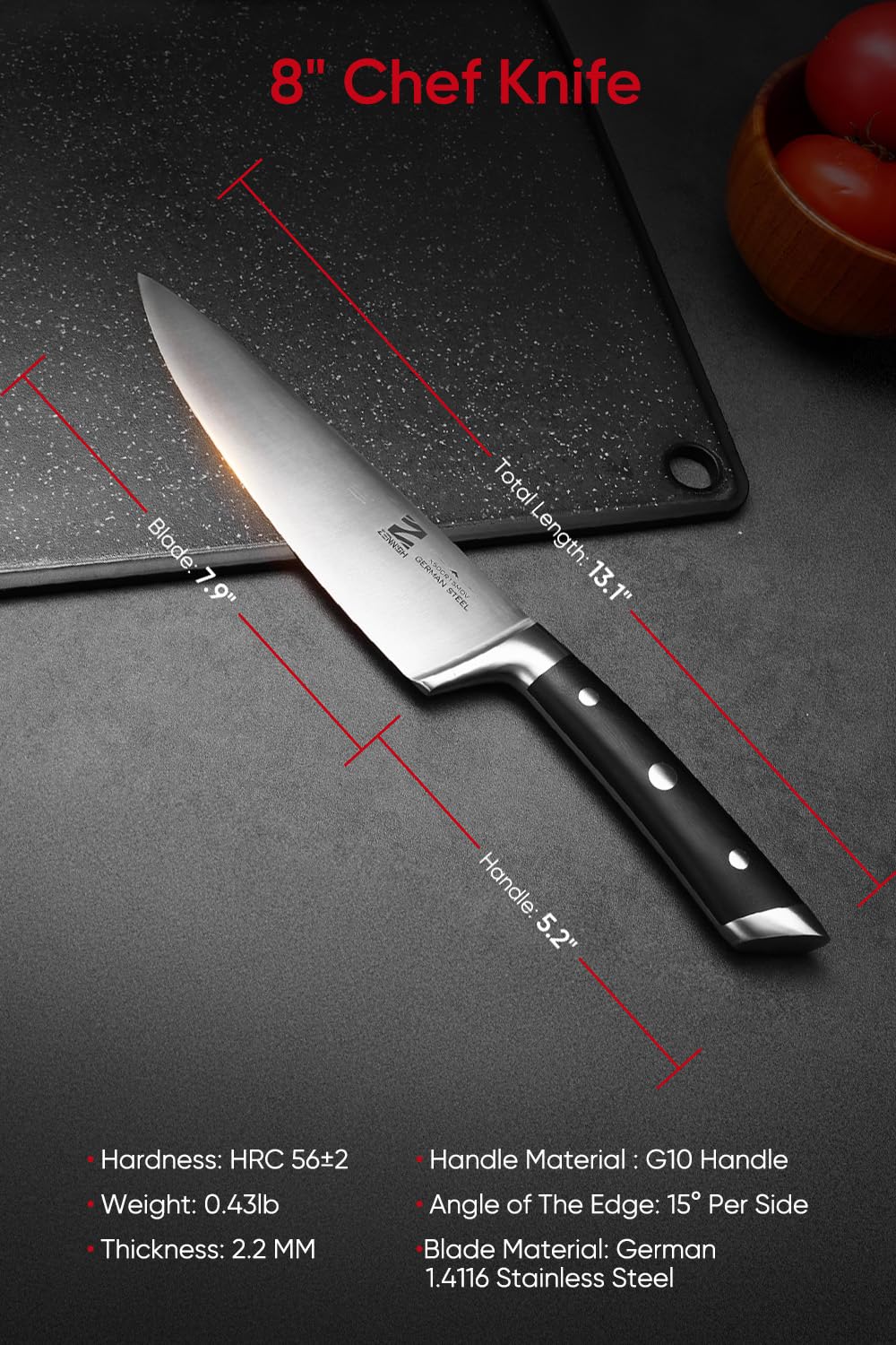 Zennish 8'' Chef Knife, Knife Chef Professional High Carbon German Steel Super Sharp Kitchen Knives With Ergonomic Handle, Premium Gift Box