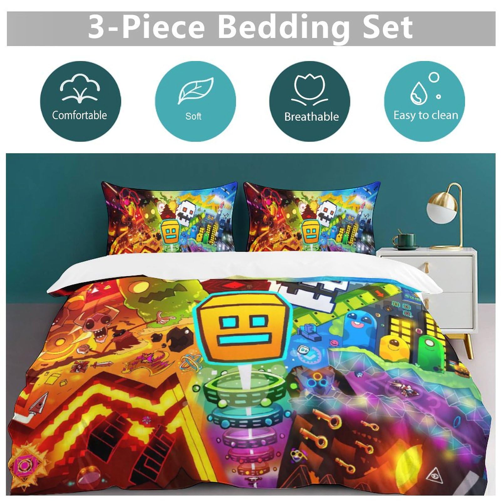 MNXTWHFSZ Geometry Anime and Dash 3-Piece Bedding Set 79""x90"" 1 Duvet Cover and 2 Pillowcases Funny Bedroom Accessories, Style