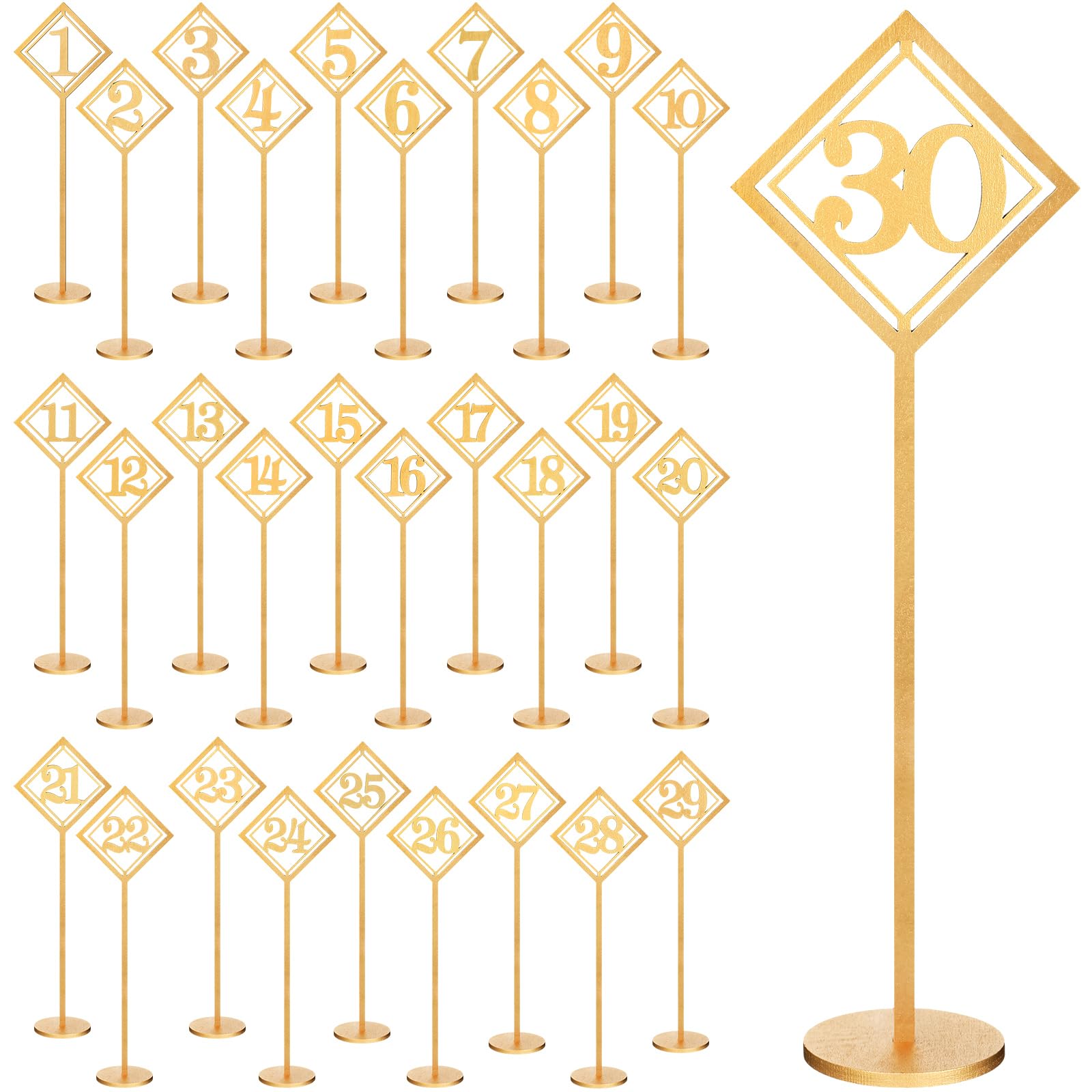 Lineshading 30 Pcs Wood Table Numbers for Wedding Reception Gold Wedding Seat Numbers with Holder Base Table Numbers 1-30 Rustic Table Number Stands for Wedding Party Restaurant Event Catering