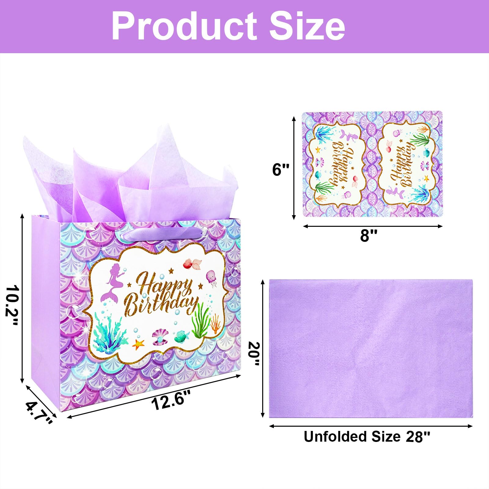 12.6" Mermaid Happy Birthday Gift Bag Set with Greeting Card and Tissue Papers for Girls, Women