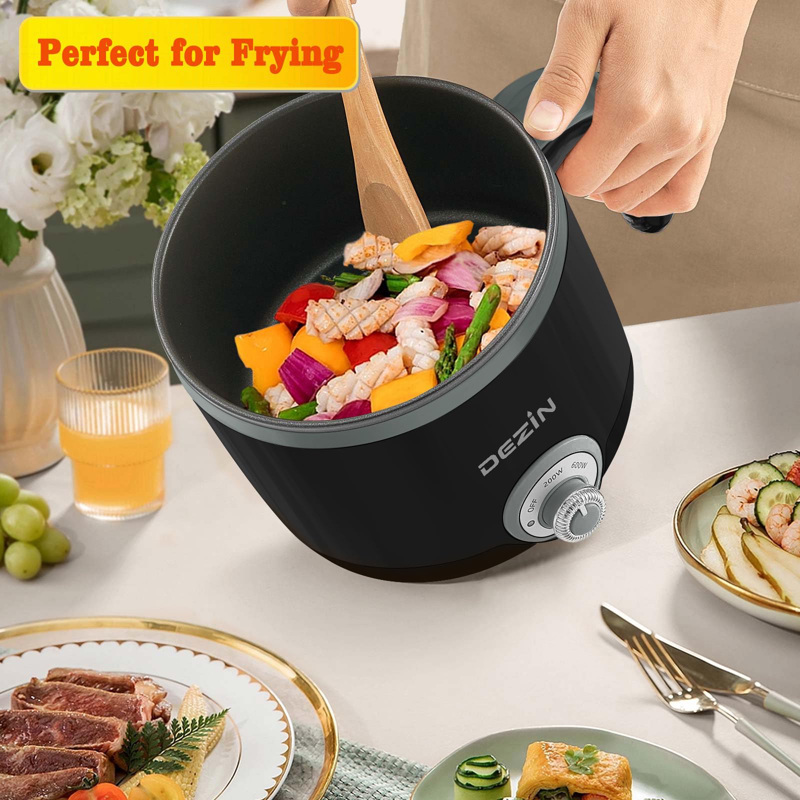 Dezin Hot Pot Electric with Steamer, 1.5L Rapid Noodles Cooker, Non-Stick Electric Pot Perfect for Ramen, Egg, Pasta, Dumplings, Soup, Porridge, Oatmeal, Portable Cooking Pot with Power Adjustment