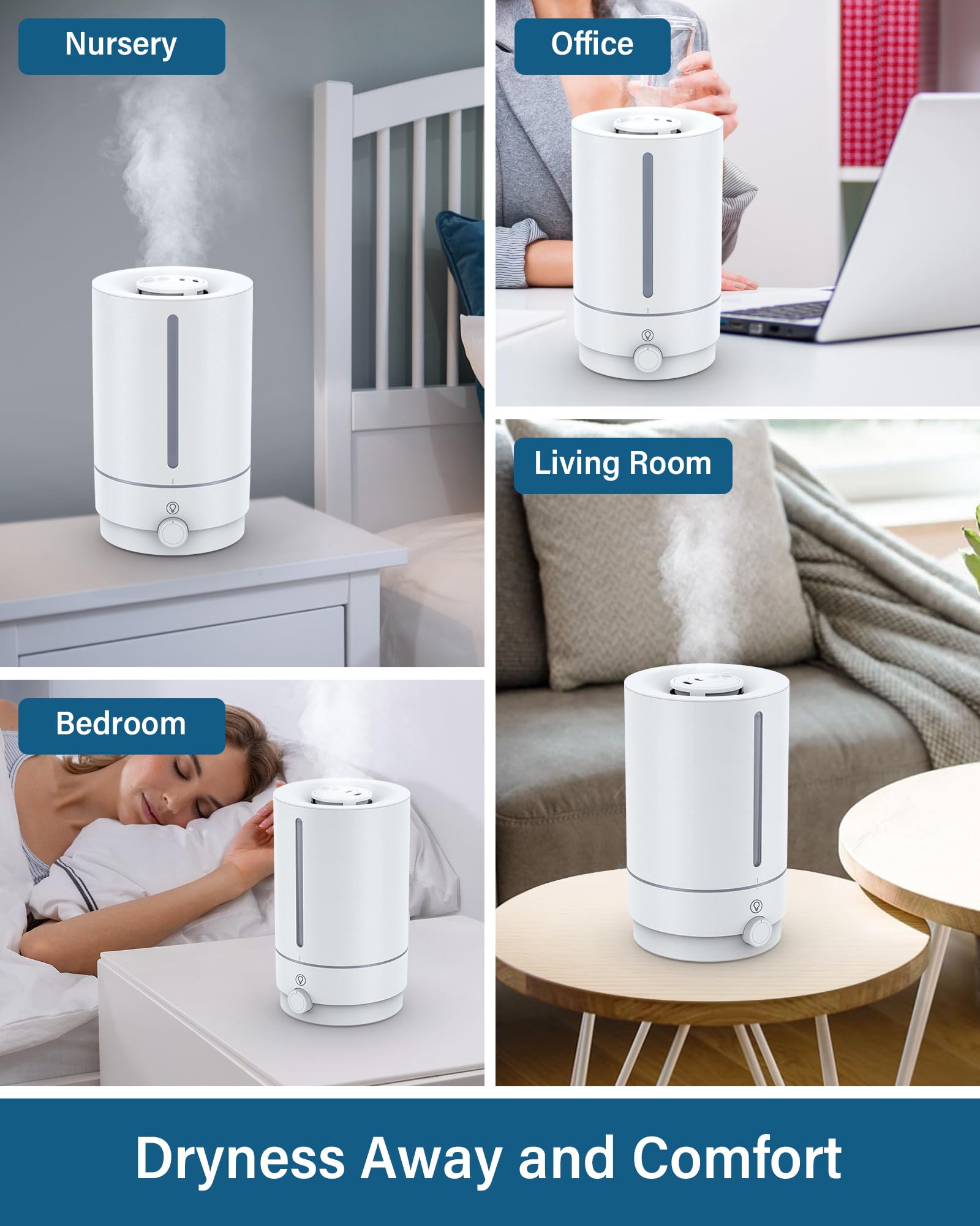 Marnetstone Humidifiers for Bedroom, 5 L Top Fill Cool Mist Humidifiers with Oil Diffuser, Ultrasonic Humidifiers for Large Room, Home, Nursery, Office, Plants, 360° Nozzle