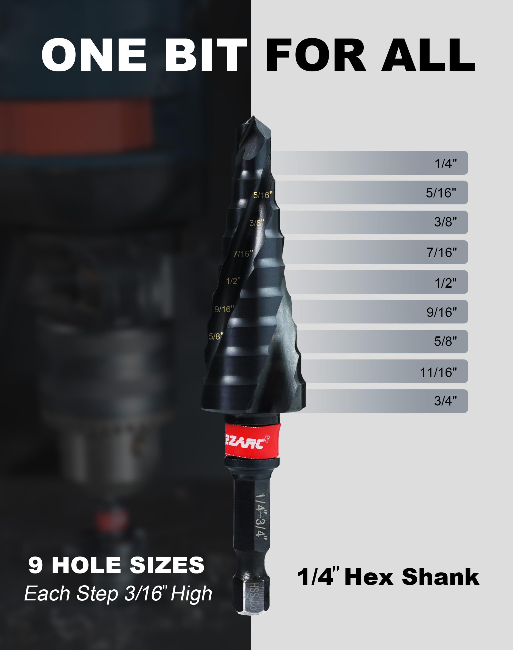 EZARC Step Drill Bit for Metal, M35 Cobalt Step Drill Spiral Flute Unibit Step Drill Bit (1/4''-3/4'') Wear-Resistant AlTiN Coated, 1/4" Hex Shank for Metal, Stainless Steel, Aluminum, Plastic