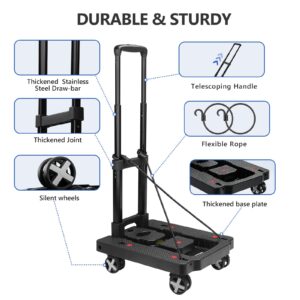 POWSTR Folding Hand Truck Dolly with 4 Rotate Wheels,120 LBS Luggage cart with 2 Elastic Ropes and Adjustable Handle, Portable Platform Truck for Moving,Travel, Shopping, House Office Use, Black