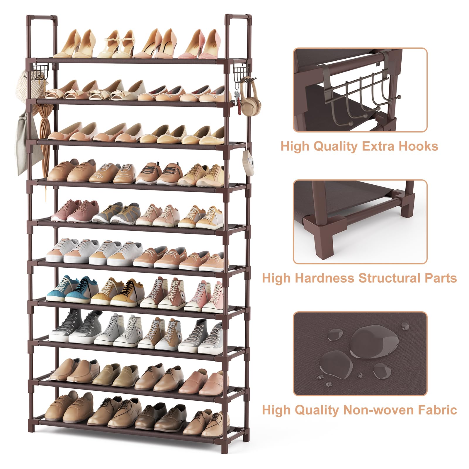 VTRIN 10 Tiers Shoe Rack Tall Large Capacity 50 Pairs Wide Shoe Organizer Sturdy Shoe Shelf for Entryway with Two Hooks Metal Shoe Storage for Closet, Bedroom, Brown