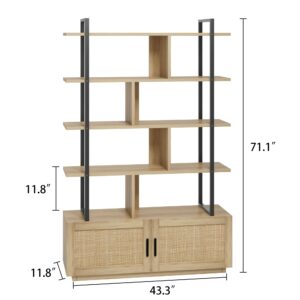 CABIHOME 5 Tier Rattan Bookshelf with Storage Cabinet & Door, 71.1 Inch Tall Industrial Book Shelf with Open Display Shelves, 5 Shelf Bookcase with Metal Frame for Living Room, Bedroom (Burlywood)