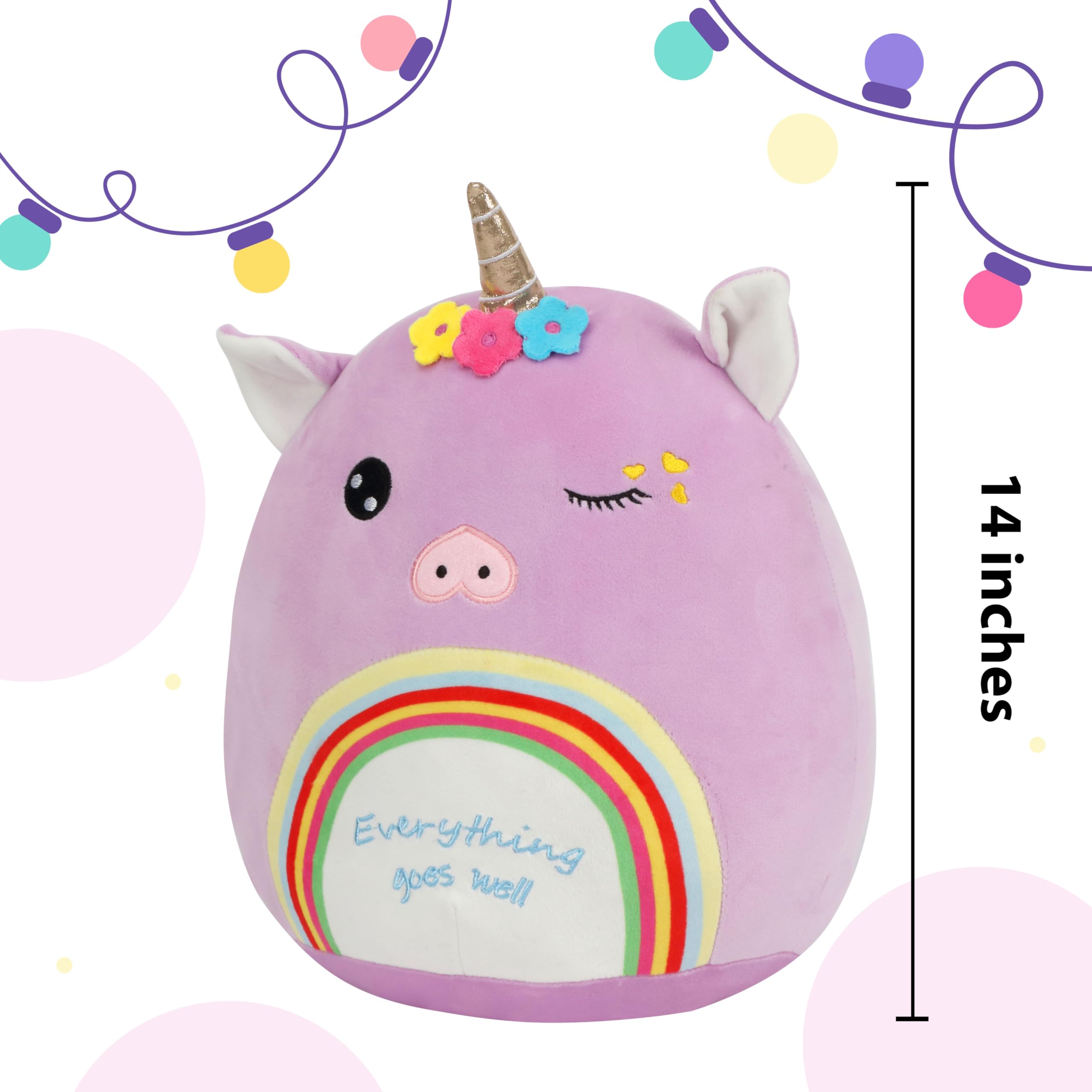 Easfan 14 Unicorn Rainbow Plush Pillow Get Well Stuffed Animals, Cuddly Soft Toy with Blink Eyes Flower Wreath, Everything Goes Well Gifts for Kids Toddlers Girls Boys, Purple