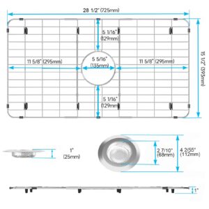 GEDLIRE Stainless Steel Sink Grate Protector for Bottom of Kitchen Sink, 28.5" x 15.5" Metal Kitchen Sink Grid with Centered Drain, Curve Corner Sink Rack with Sink Strainer for Single Sink Bowl