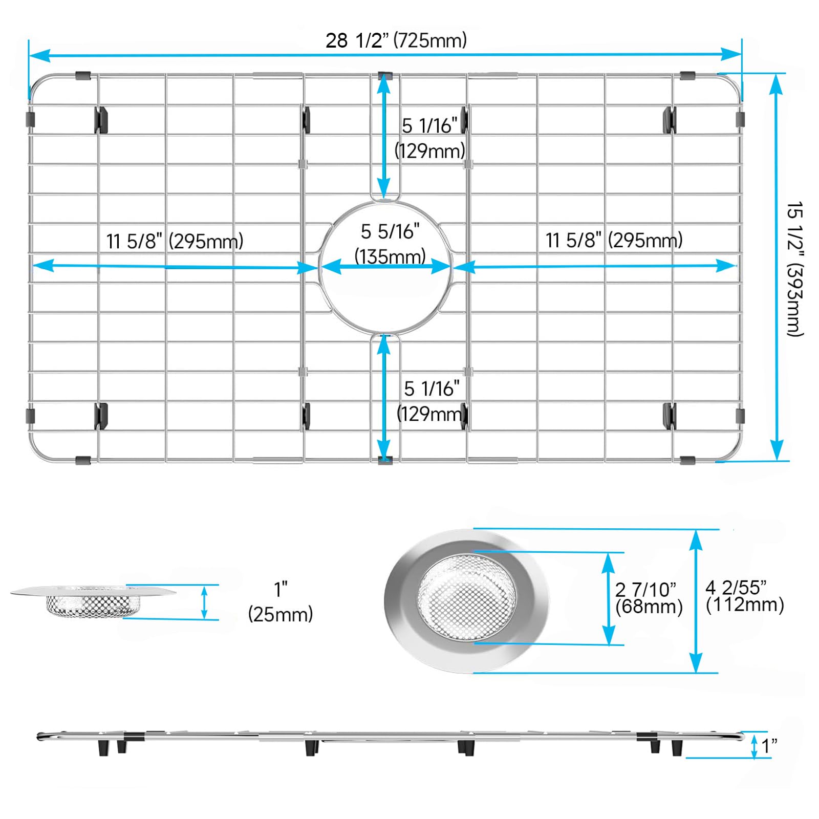 GEDLIRE Stainless Steel Sink Grate Protector for Bottom of Kitchen Sink, 28.5" x 15.5" Metal Kitchen Sink Grid with Centered Drain, Curve Corner Sink Rack with Sink Strainer for Single Sink Bowl