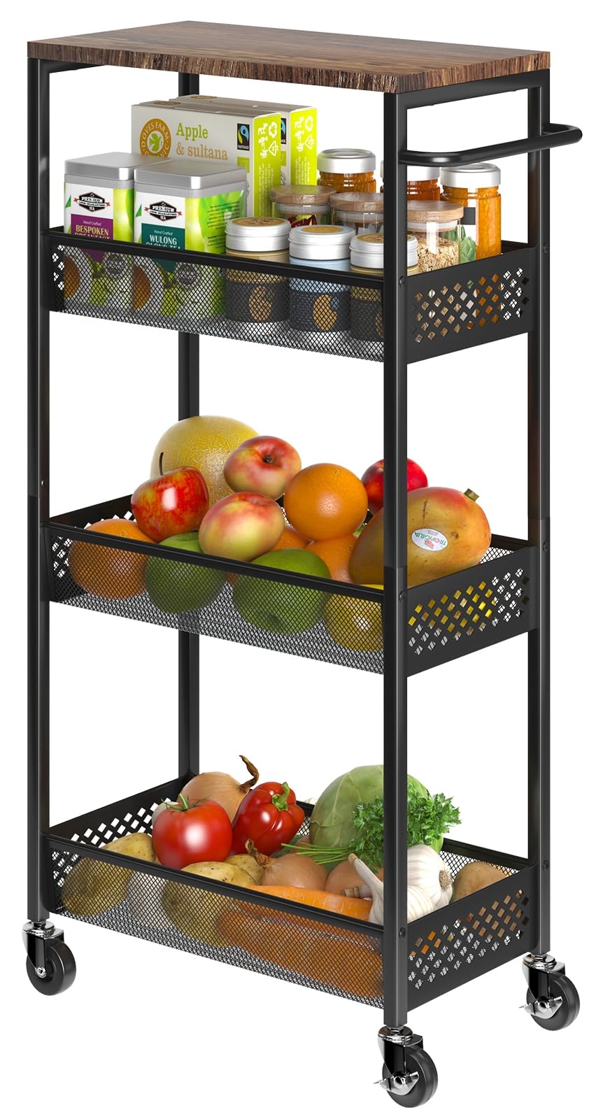 XYZLVSI Slim Storage Cart 4 Tier Fruit and Vegetable Baskets for Kitchen Small Space, Narrow Rolling Cart on Wheels with Wooden Top and Metal Handle for Pantry, Bathroom, Laundry Room