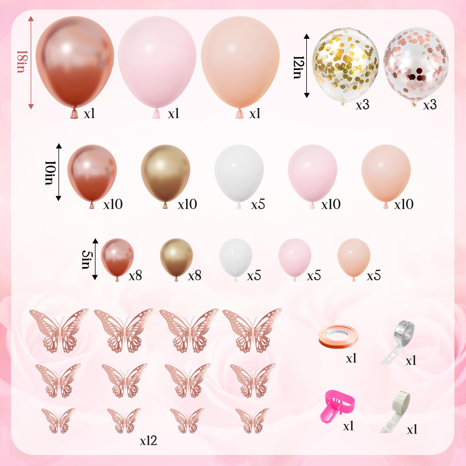 Amandir 135pcs Rose Gold Balloons Girl Baby Shower Decorations Baby Boxes, Butterfly Stickers Balloon Garland Arch Kit Baby Box with Letter (A-Z+Baby) for Wedding Bridal Birthday Party Decoration