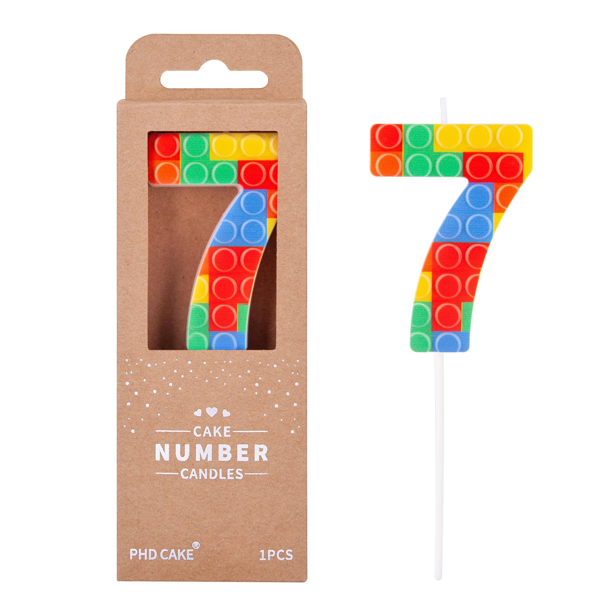 PHD CAKE Number 7 Building Block Birthday Cake Candle, Numeral Birthday Candles,Building Block Candles, Cake Topper Novelty Candle for Building Block Party