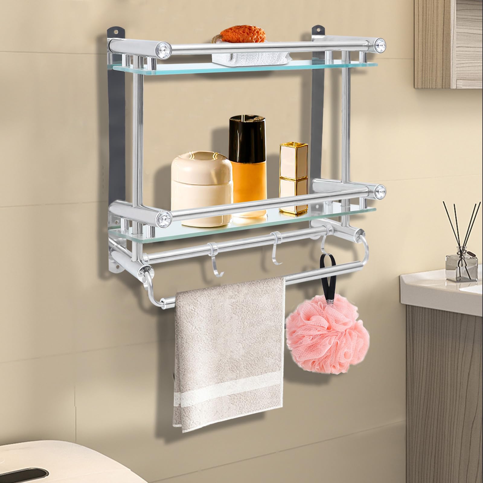 DAERNA Floating Shelves with Towel Rack, Wall Mounted Hanging Bathroom Shelves Over Toilet, No Drilling Stainless Shower Shelves, Corner Wall Shelf for Bedroom Organizers Kitchen Storage