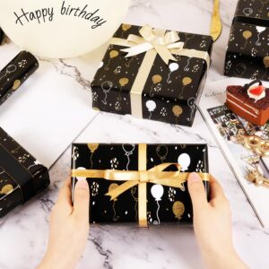 Birthday Wrapping Paper Roll - Matte Black and Gold Foil Gift Wrapping Paper for Women Men Boys Girls, Gold Foil Balloon Design Gift Wrap for Birthday Father’s Day Graduation, 17 Inch X 33 Feet