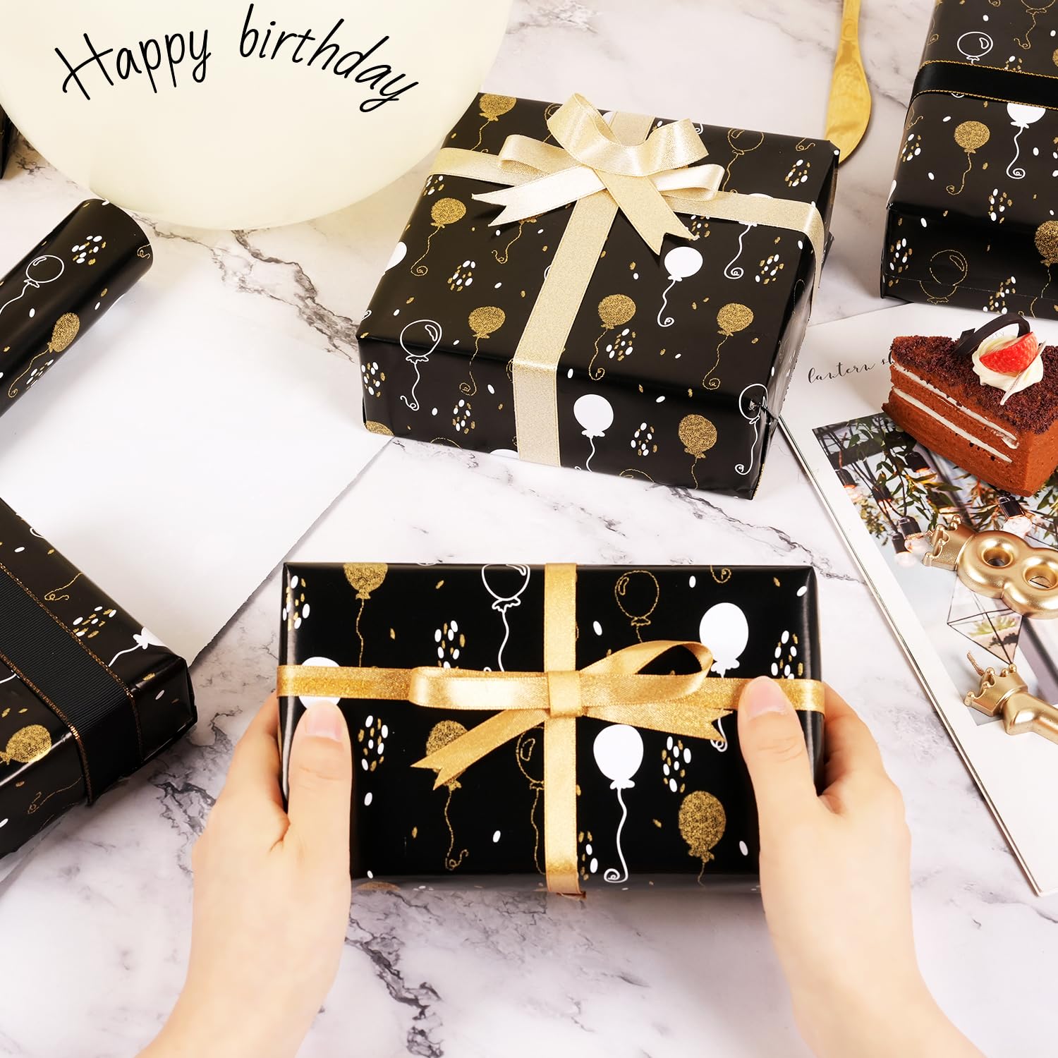 Birthday Wrapping Paper Roll - Matte Black and Gold Foil Gift Wrapping Paper for Women Men Boys Girls, Gold Foil Balloon Design Gift Wrap for Birthday Father’s Day Graduation, 17 Inch X 33 Feet