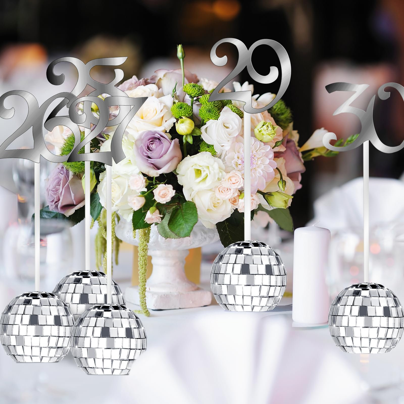 YLOLUL Wedding Table Numbers 1-30 Silver Disco Ball Table Number Holders for Wedding Reception Seat Table Numbers Stands for Wedding Birthday Event Party Decoration(Silver)