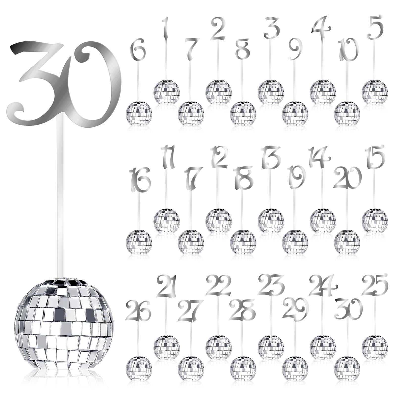 YLOLUL Wedding Table Numbers 1-30 Silver Disco Ball Table Number Holders for Wedding Reception Seat Table Numbers Stands for Wedding Birthday Event Party Decoration(Silver)