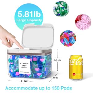 MUVEKA 94oz /2.8L Laundry Pods Container for Laundry Room Organization, Laundry Pod Up Holder with 30 Labels and scoop, Laundry Detergent Powder Container, Dryer Sheet Holder, 150 Pods