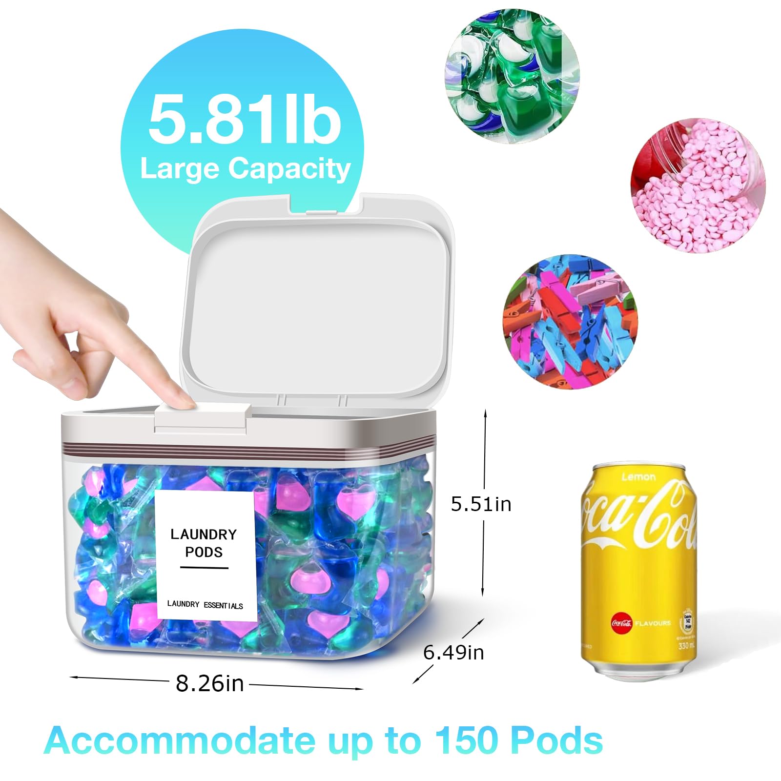 MUVEKA 94oz /2.8L Laundry Pods Container for Laundry Room Organization, Laundry Pod Up Holder with 30 Labels and scoop, Laundry Detergent Powder Container, Dryer Sheet Holder, 150 Pods