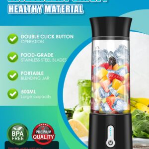 Portable Blender Shakes and Smoothies,17 Oz Personal Size Blenders Ultra Sharp 6 Blades Portable Blender,USB Rechargeable Personal Blender with BPA Free,Mini Blender Sports/Travel/Home/Gym, Black