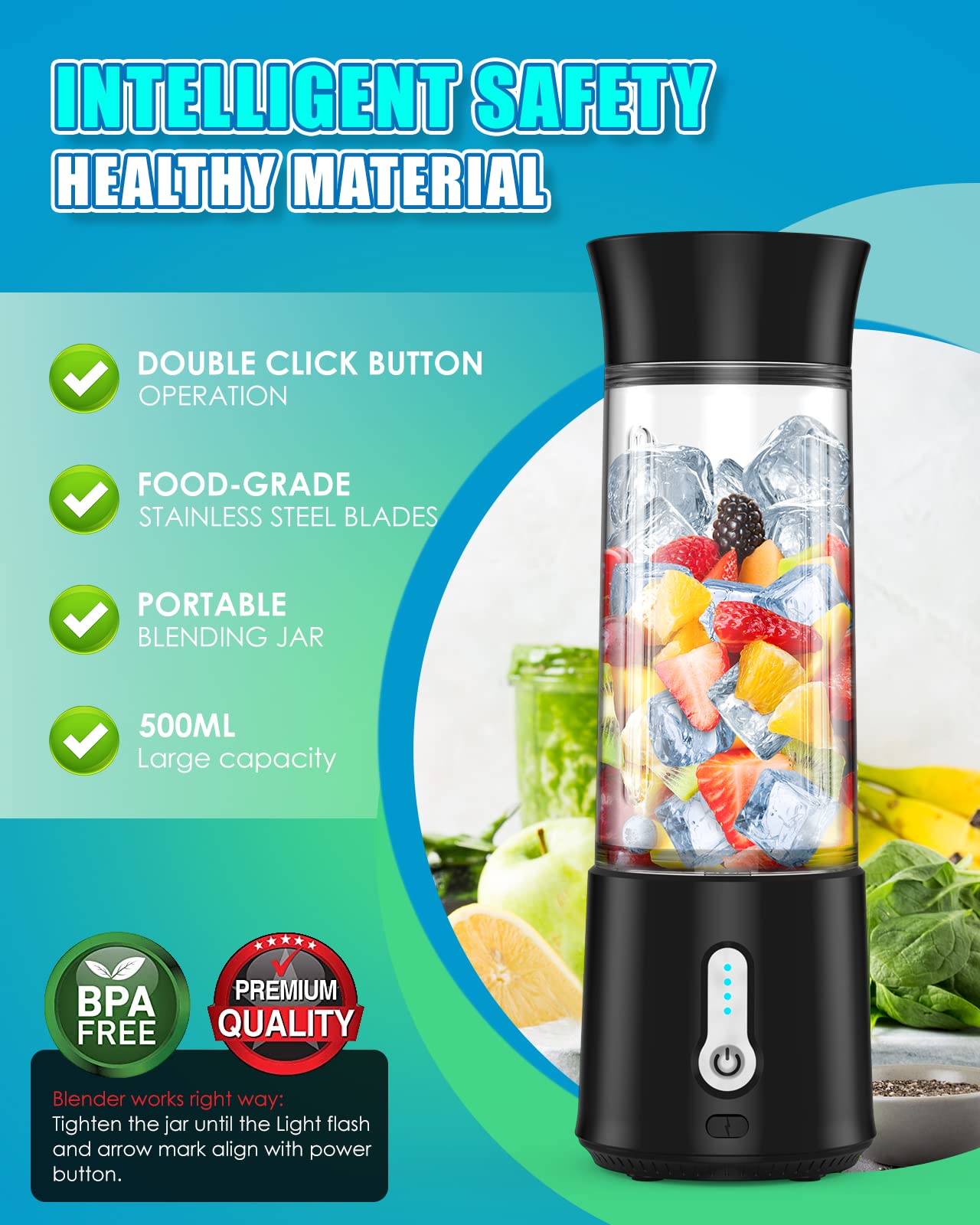 Portable Blender Shakes and Smoothies,17 Oz Personal Size Blenders Ultra Sharp 6 Blades Portable Blender,USB Rechargeable Personal Blender with BPA Free,Mini Blender Sports/Travel/Home/Gym, Black