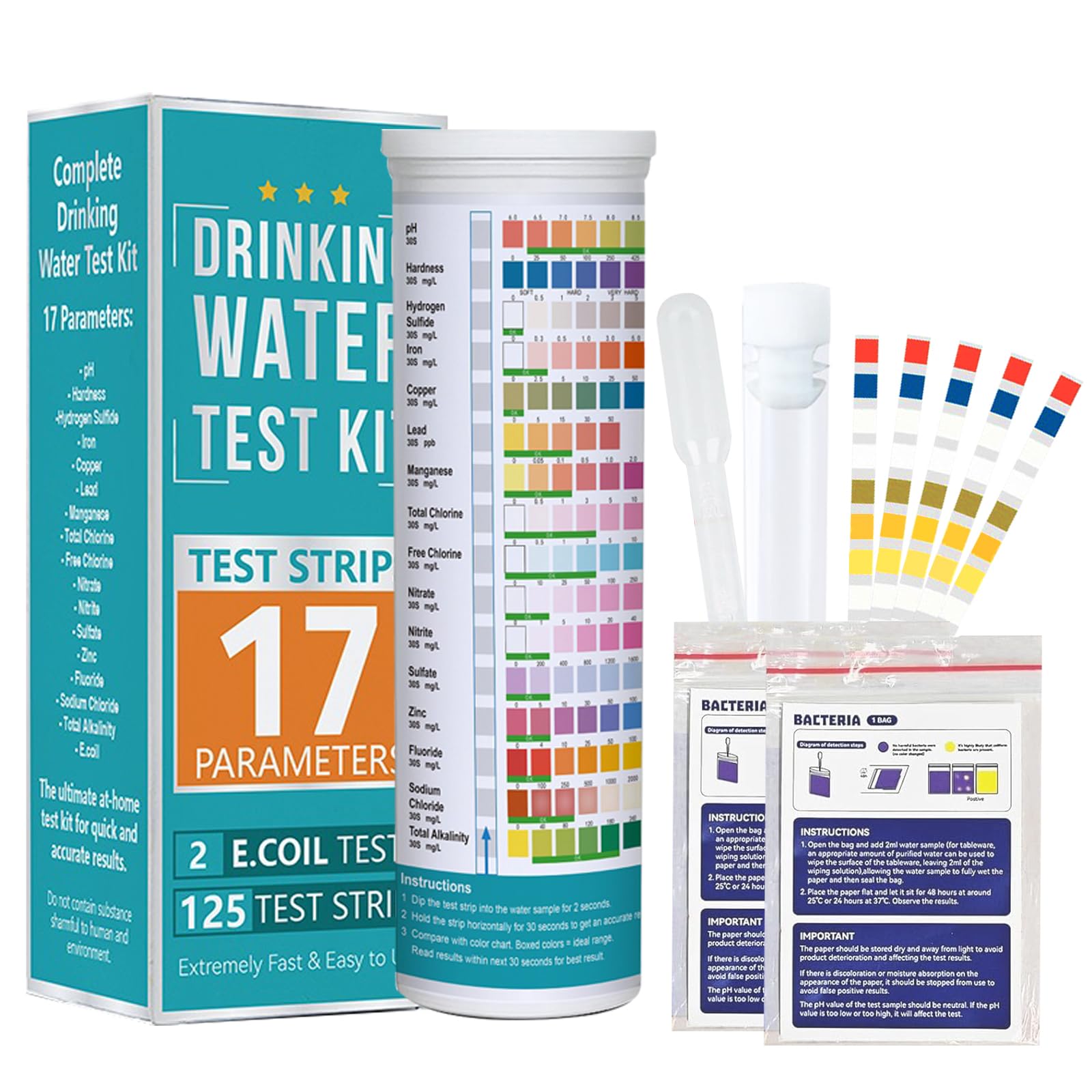 Water Testing Kits for Drinking Water, 125 Home Tap and Well Water Test Strips with Hardness, pH, Lead, Iron, Copper, Chlorine, and More