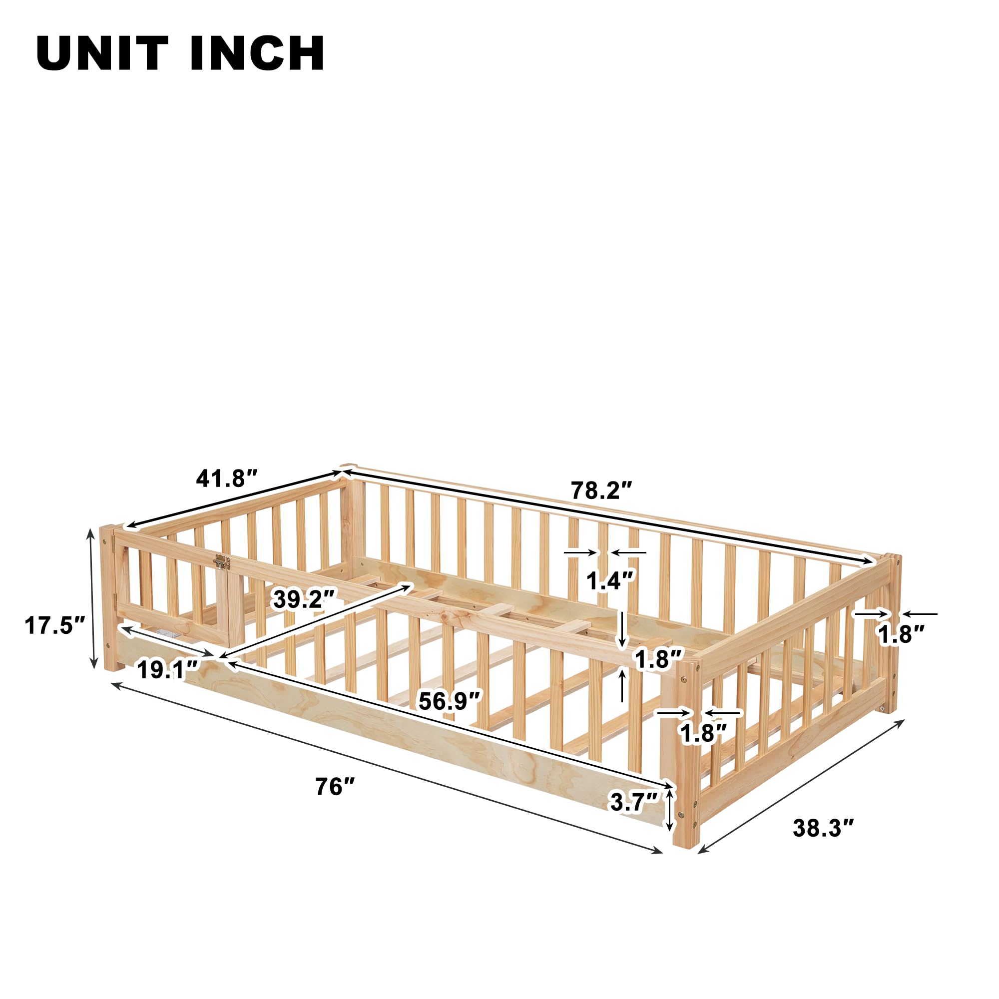 CITYLIGHT Twin Size Floor Bed with Rails and Door, Wood Montessori Floor Bed Twin Size with Support Slats, Kids Twin Bed Frame for Boys,Girls, Natural