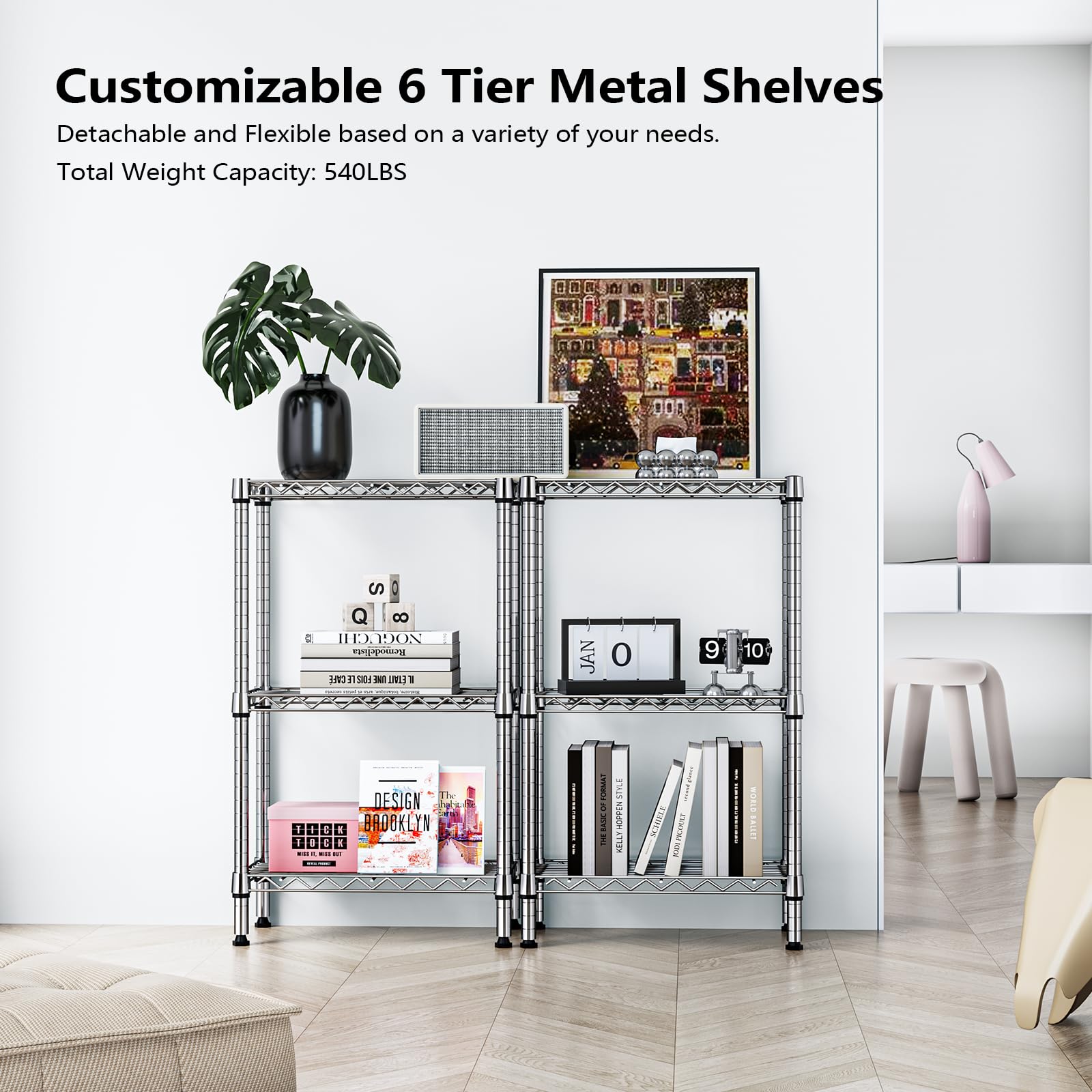 MZG 6 Tier Storage Rack Metal Wire Shelving Unit, Storage Standing Household Shelf Organizer for Laundry Bathroom Kitchen Pantry Closet Garage Basement Utility Room, Chrome 11.8" D x 21.7" W x 70.4" H