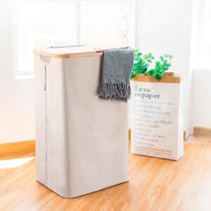 ZengRun- Double Laundry Hamper with Lid Cover - Bamboo Section Laundry Basket - Collapsible Clothes Fabric Bin - Easy and Efficient Sorting - Removable Bags - 140L - Light gray