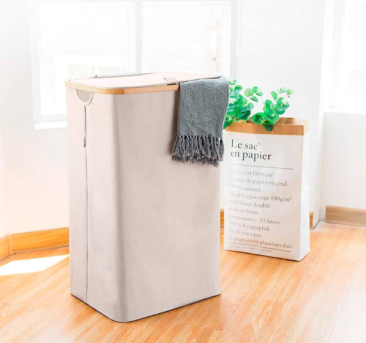 ZengRun- Double Laundry Hamper with Lid Cover - Bamboo Section Laundry Basket - Collapsible Clothes Fabric Bin - Easy and Efficient Sorting - Removable Bags - 140L - Light gray