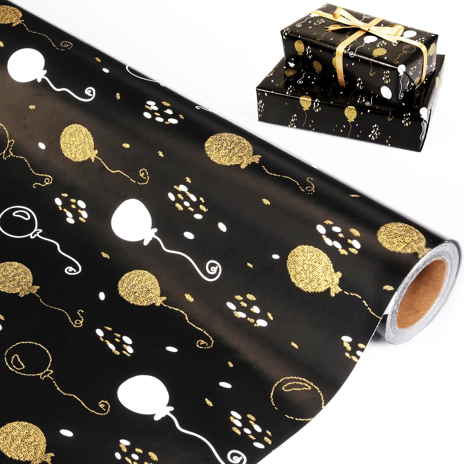 Birthday Wrapping Paper Roll - Matte Black and Gold Foil Gift Wrapping Paper for Women Men Boys Girls, Gold Foil Balloon Design Gift Wrap for Birthday Father’s Day Graduation, 17 Inch X 33 Feet